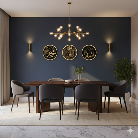 Luxury living room with black and gold Islamic calligraphy wall art set (3 pieces) above sofa – shopsterzs.com